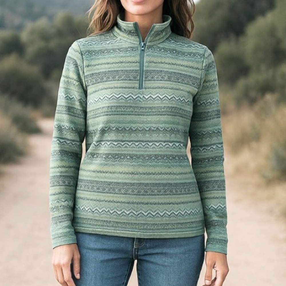Woolrich 100% Cotton UPF 40 1/2 Zip Pull-over In Green / Blue / Grey | Size L